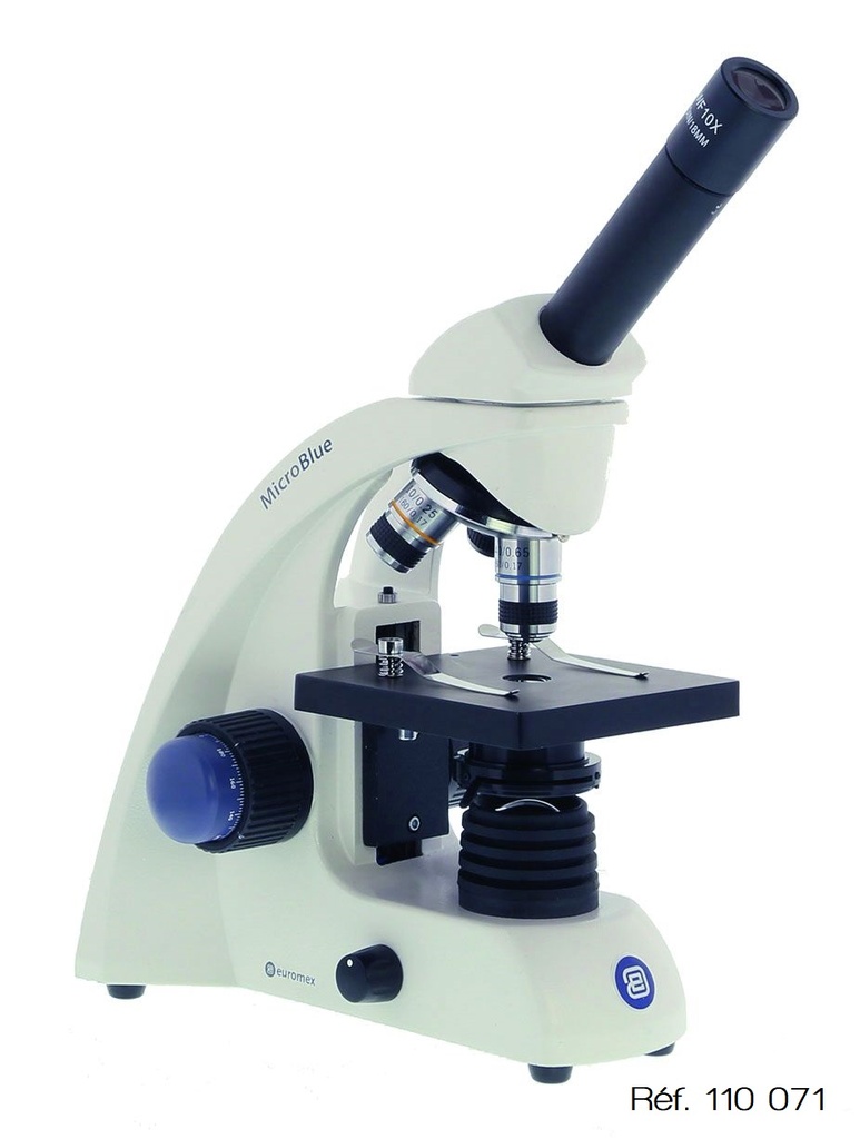 [#110071-S58151] Microscope monoculaire MicroBlue (x40 à x400, Valet - O.N. 0.65 fixe à une lentille intégrée à la platine)