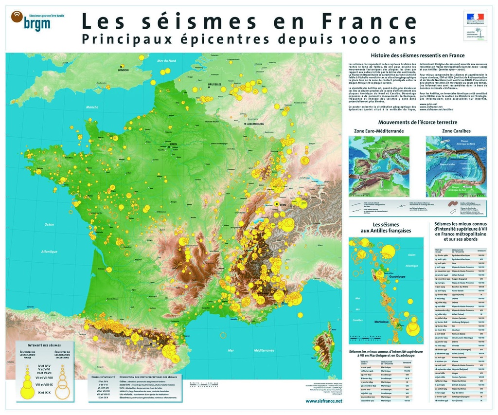 Carte séismes en France - Principaux épicentres