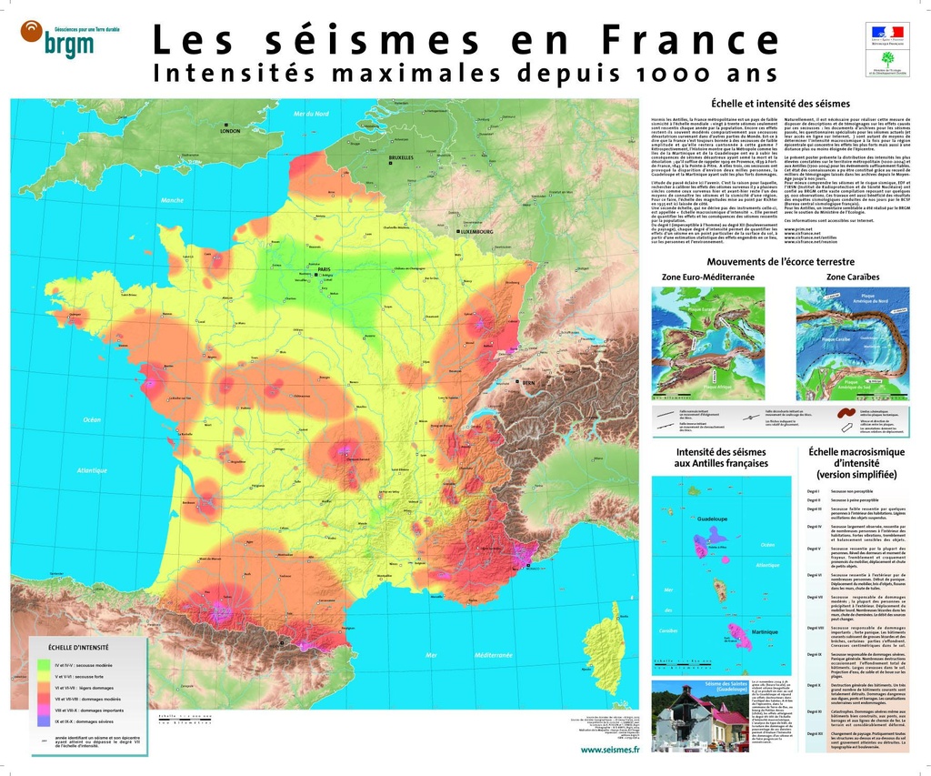 Carte séismes en France - Intensités maximales