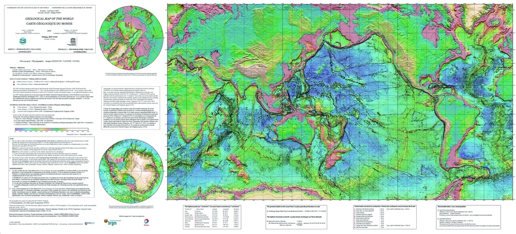 Carte physiographique du monde - Volcans et Astroblèmes