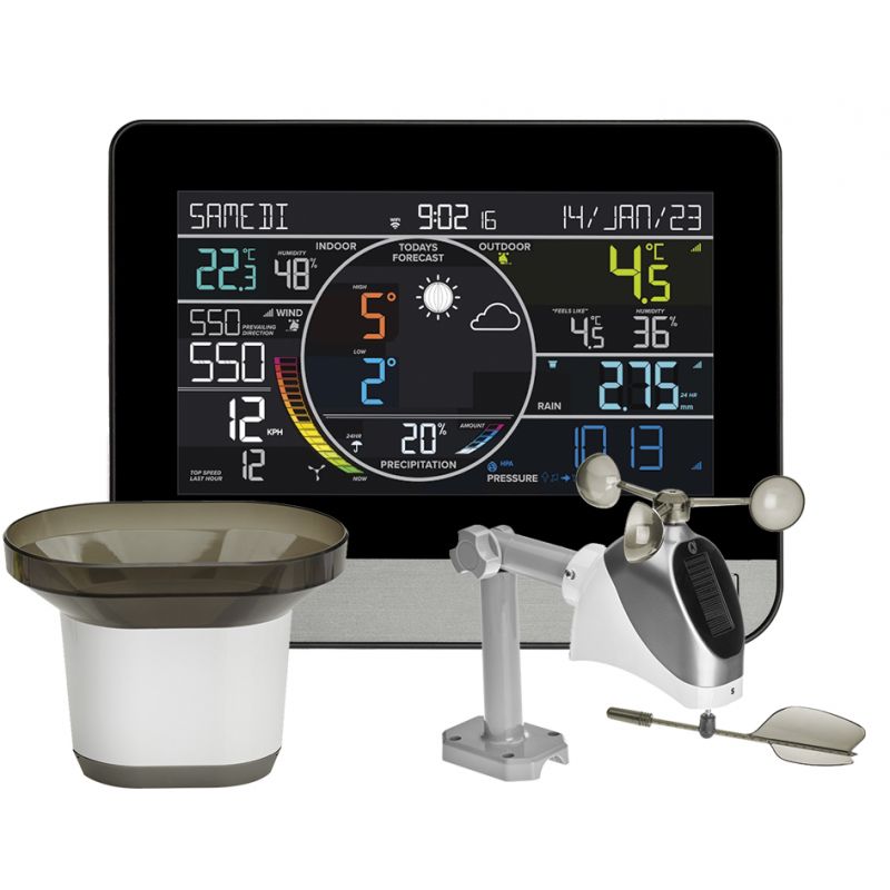 Station météo connectée couleur - Thermo/Hygromètre int./ext. / Anémomètre/Girouette / Pluviomètre / Baromètre