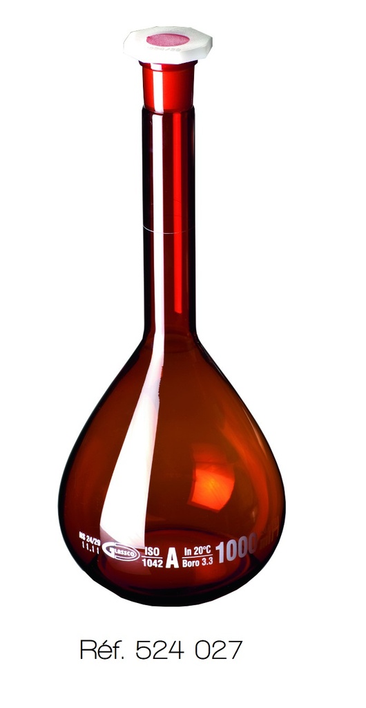 Fiole jaugée ambrée et bouchée