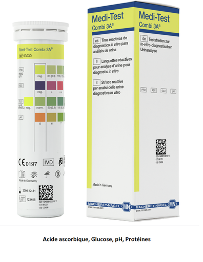 [910451] Bandelettes test urinaire : Acide ascorbique - Glucose - pH - Protéines - 50 bandelettes