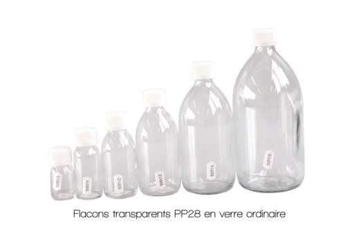 Flacon transparent à col étroit PP28 en verre ordinaire