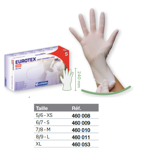 Gants de protection à usage unique poudrés en latex - Boîte de 100